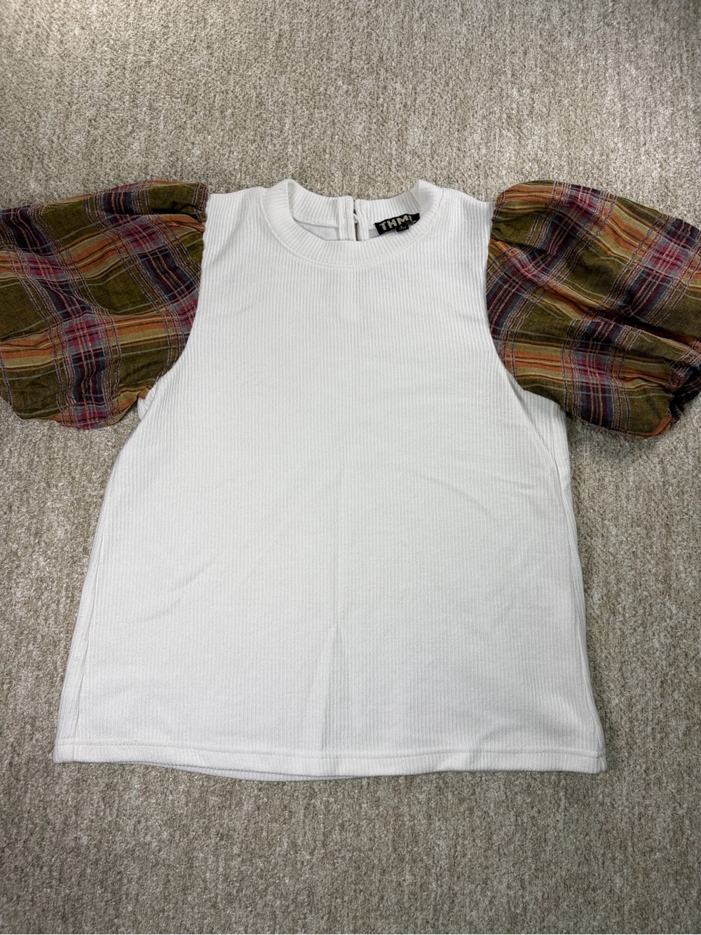 THML White Ribbed Top with Olive & Rust Plaid Puff Sleeves
